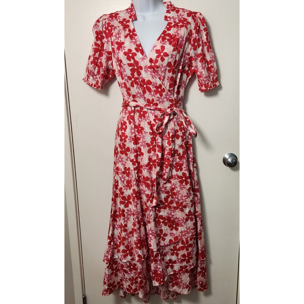 Draper James NWT Naomi Wrap Dress in Exploded Daisies Pink Multi Cotton Tiered 8